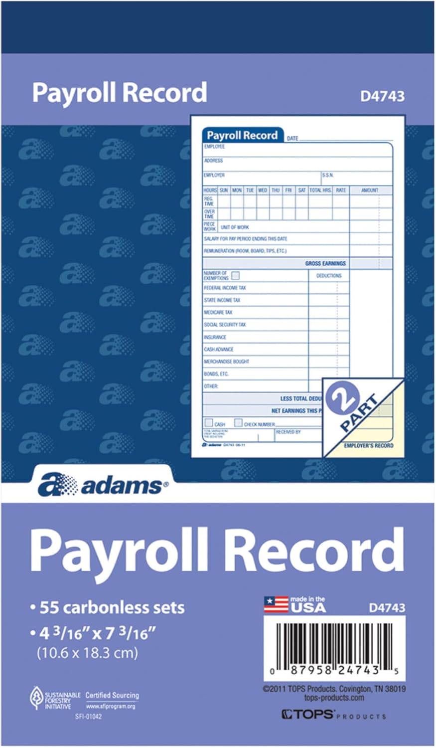 Adams Employee Payroll Record Book, 4.19 x 7.19 Inches, White and Canary, 2-Part, 55 Sets (D4743)